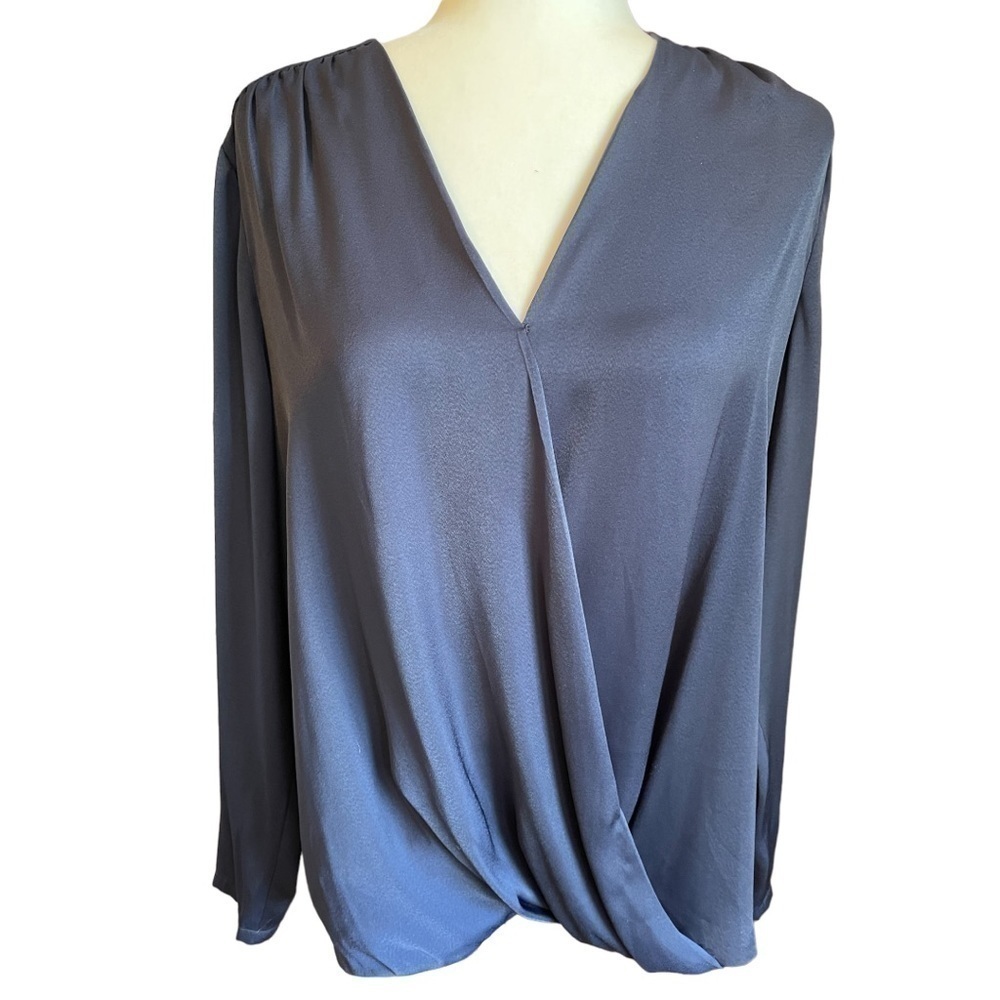 PRIVE Long Sleeve Draped Surplice Neckline Blouse Blue M